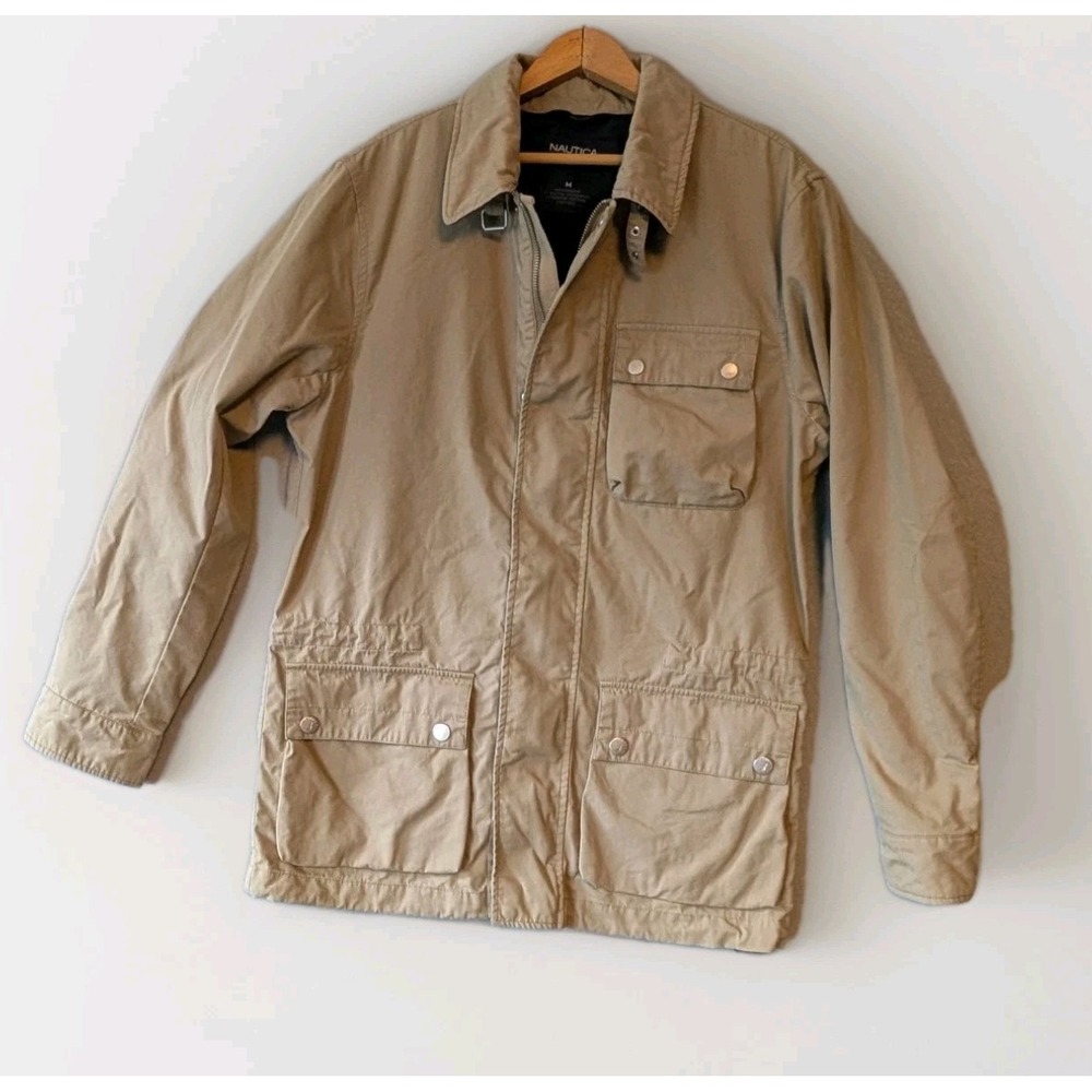 Vtg Nautica Khaki Cotton Chore Barn Coat Full Zip Buckle Collar Jacket Sz Medium